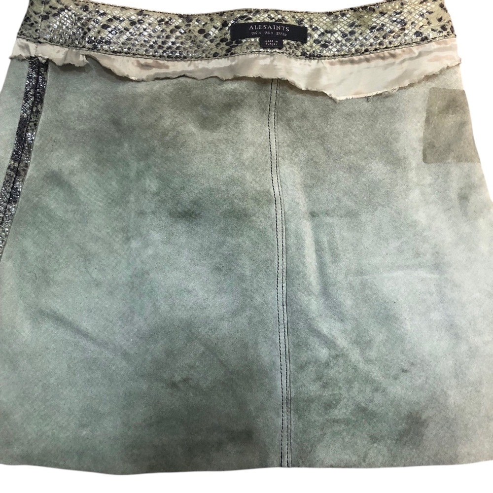 Allsaints Lena Oba Leather Skirt Sz O Snake Green A Line Mini Zip Front FLAWED - Picture 8 of 9